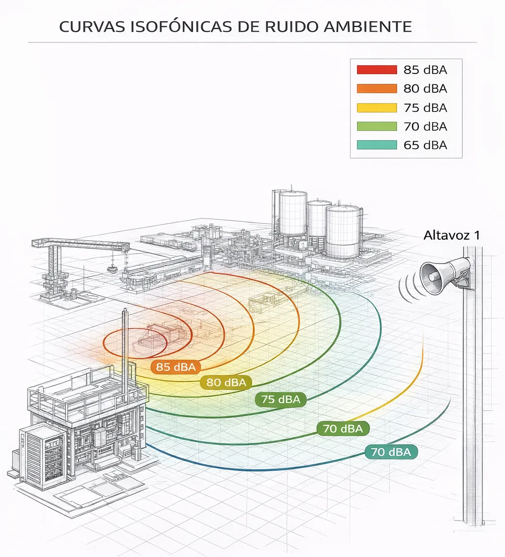 Curvas isofónicas de cobertura sonora para un altavoz de voceo industrial