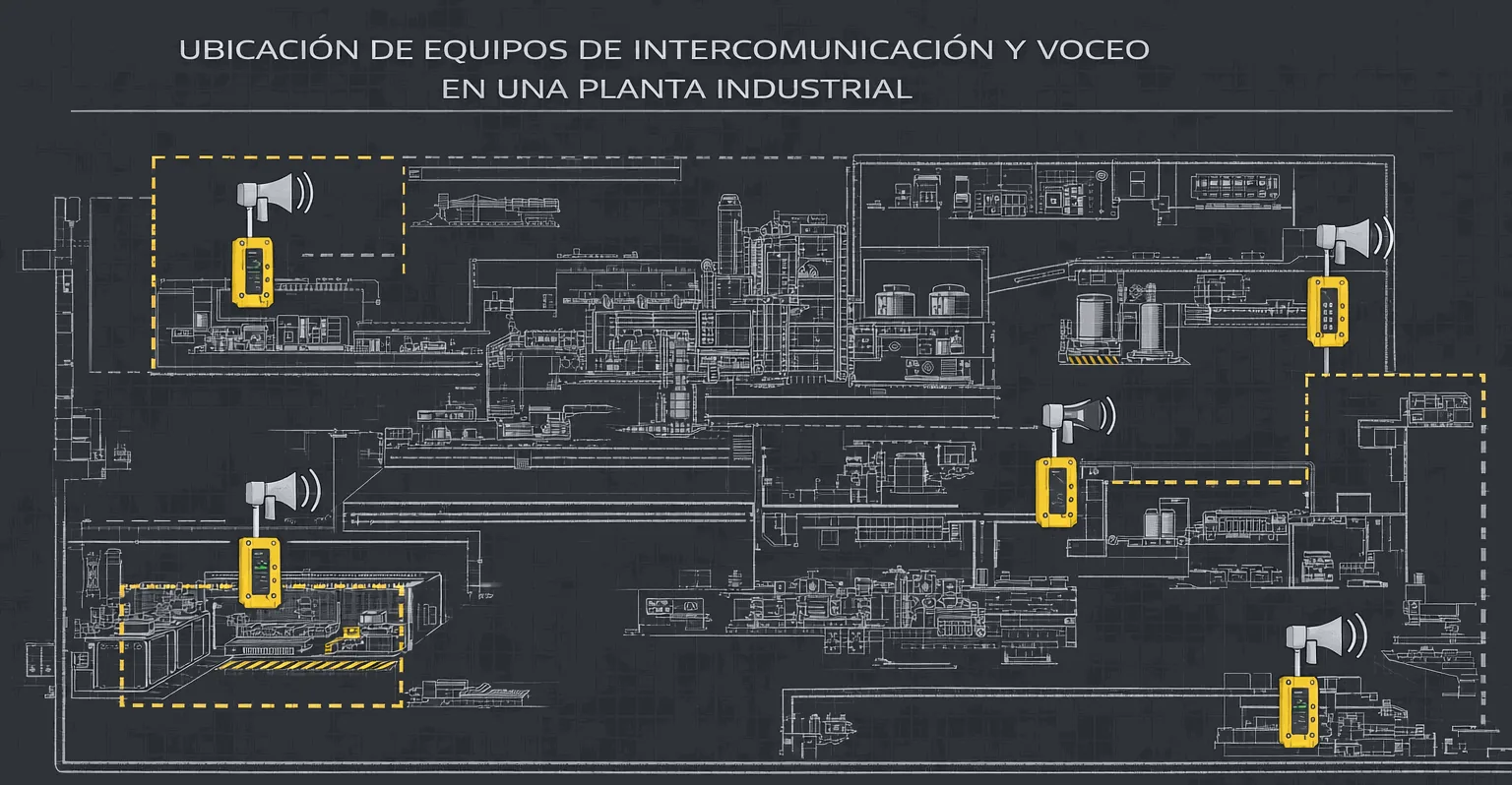 Plano conceptual de ubicación de estaciones y altavoces de un sistema SIV en una planta industrial